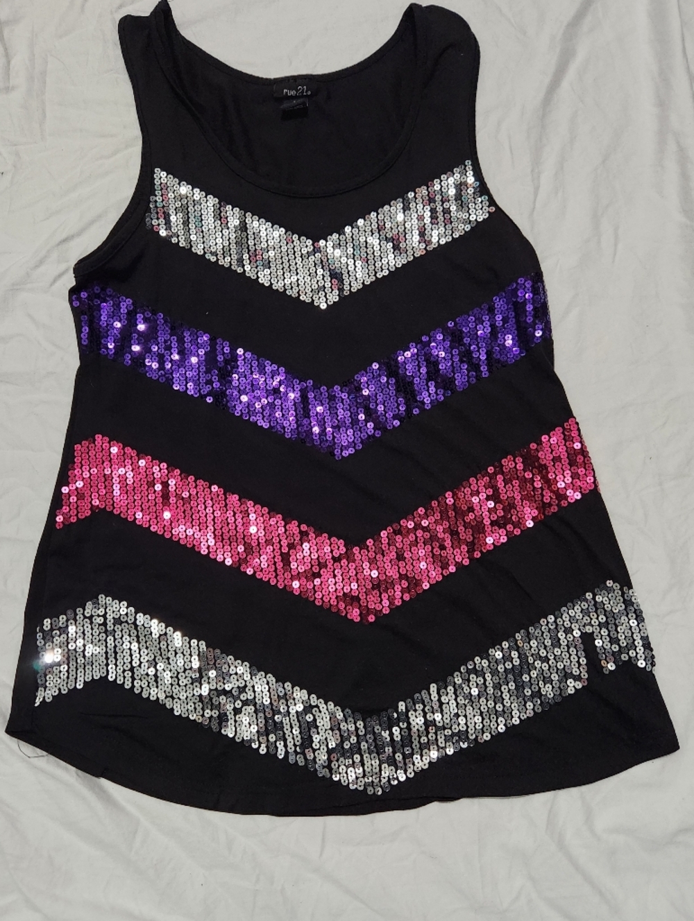 Rue21 Black Sequin Chevron Tank with Purple & Pink Accents